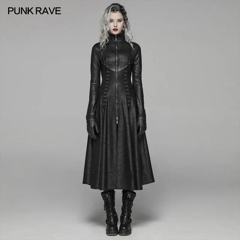 PUNK RAVE Women's Dark Punk Front Zipper Stand Collar Maxi Overcoat Goth Stage Performance Cosplay Womens Trench Long Coats