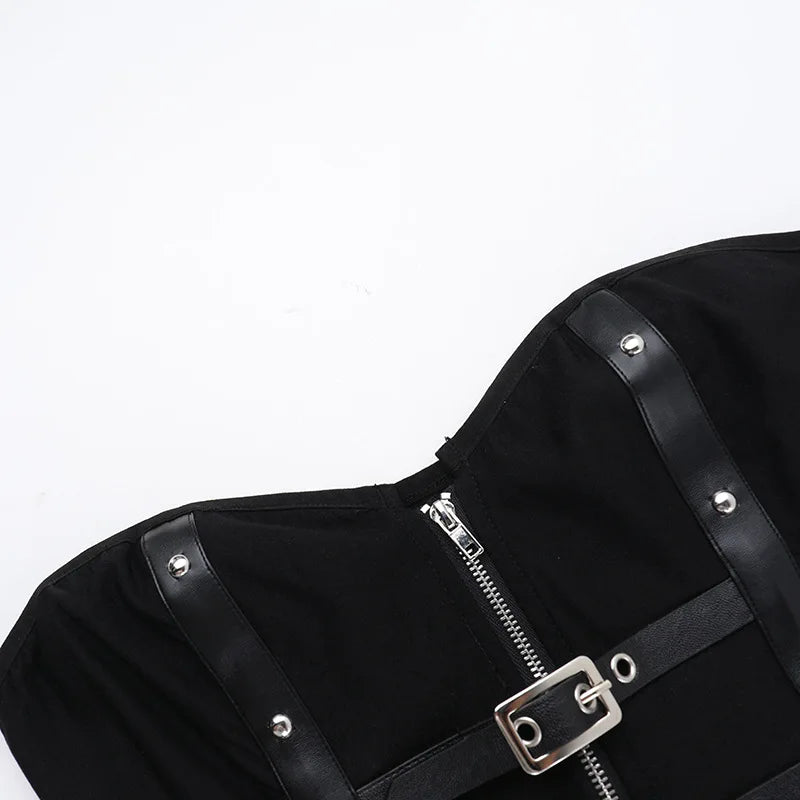 Goth Dark Punk Grunge Leather Buckle Strapless Corset Tops Mall Gothic Zip Women Tupe Top Y2K Coquette Streetwear Alt Tanks Vest