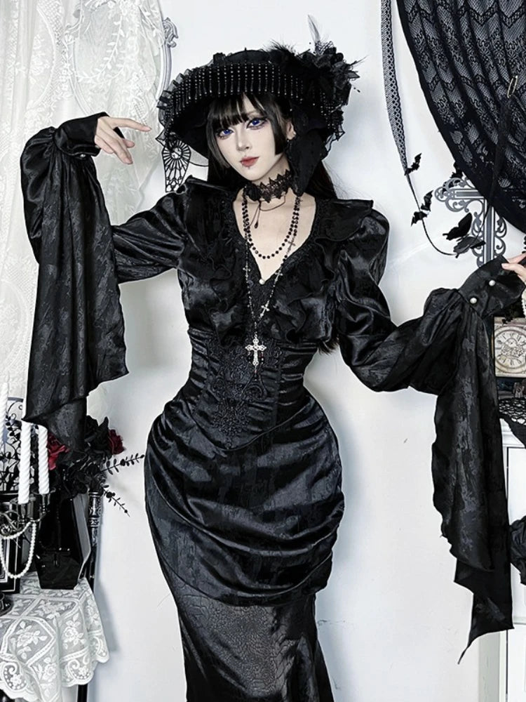 AltGoth Vintage Gothic Black Shirts Women Palace Style Streetwear Y2k E-girl Harajuku V-neck Ruffle Long Sleeve Bluose Cosplay