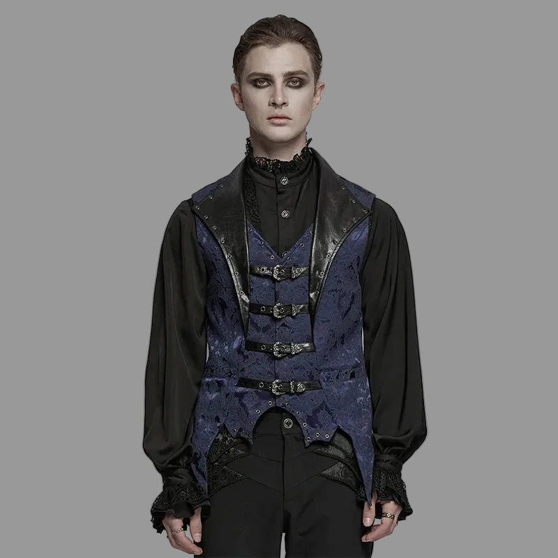 PUNK RAVE Men's Gothic Gorgeous Nobility Jacquard Lapel Textured Leather Vest Bat Shaped Hem Power Sense Waistcoat Coven Couture Collective