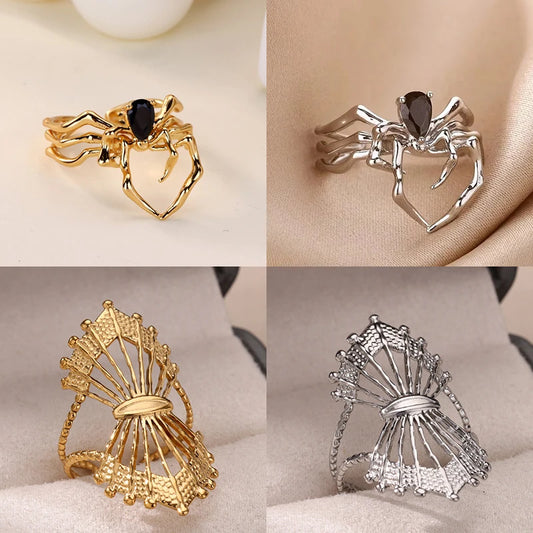Punk Spider Rings for Women Silver Color Dark Retro Black Gem Spider Ring Hip-Hop Halloween Jewelry Accessories