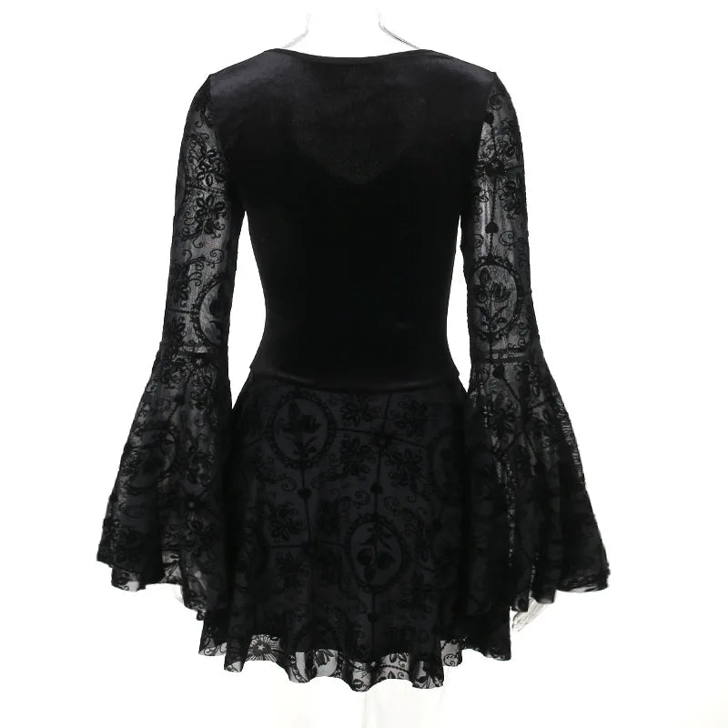 Goth Dark Elegant Vintage Mall Gothic Velvet Dresses Grunge Punk Style Flocked Bandage Dress Women Flare Sleeve Party Alt Outfit