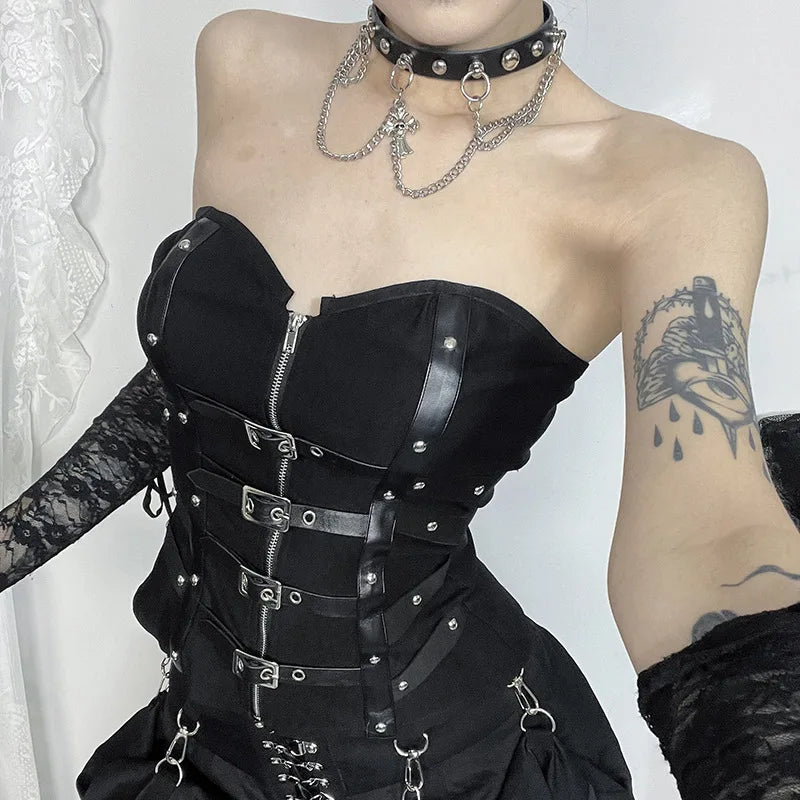 Goth Dark Punk Grunge Leather Buckle Strapless Corset Tops Mall Gothic Zip Women Tupe Top Y2K Coquette Streetwear Alt Tanks Vest