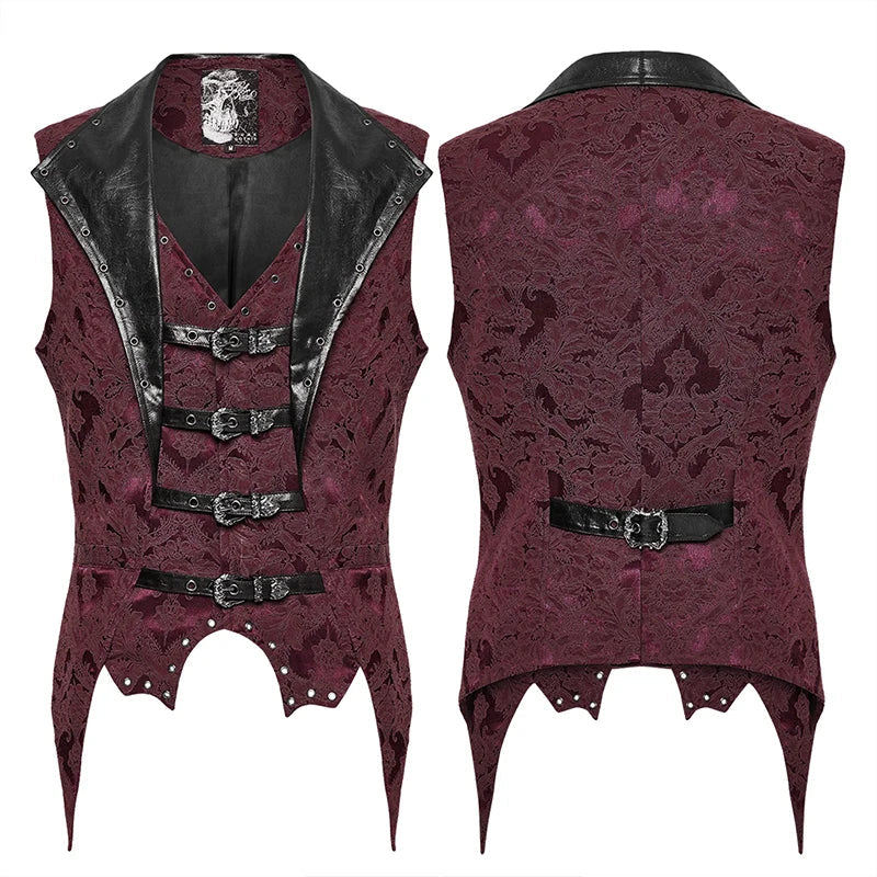 PUNK RAVE Men's Gothic Gorgeous Nobility Jacquard Lapel Textured Leather Vest Bat Shaped Hem Power Sense Waistcoat Coven Couture Collective