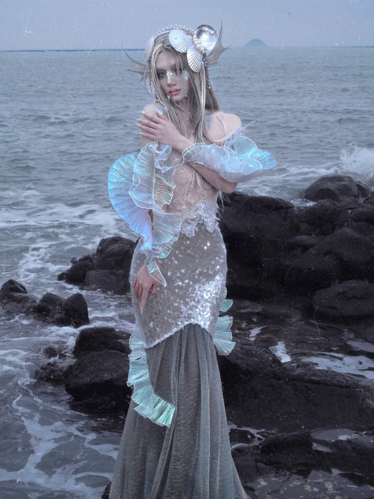 Blood Supply Original Design Siren Mermaid Beach Vocatio Sequins Beading Shiny Vestido Party Trumpet Long Slim Halter Dress