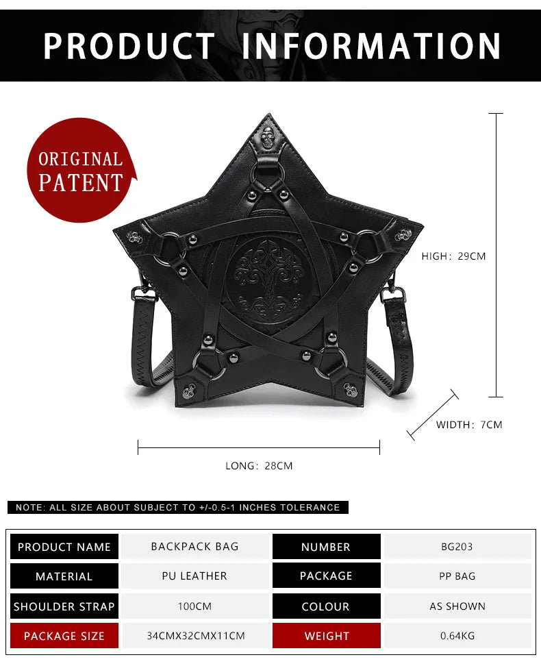 Gothic Black Pentagram Crossbody Bag Multifunctional Unisex Punk Halloween Cosplay Handbag Fashion Retro Accessories For Adult