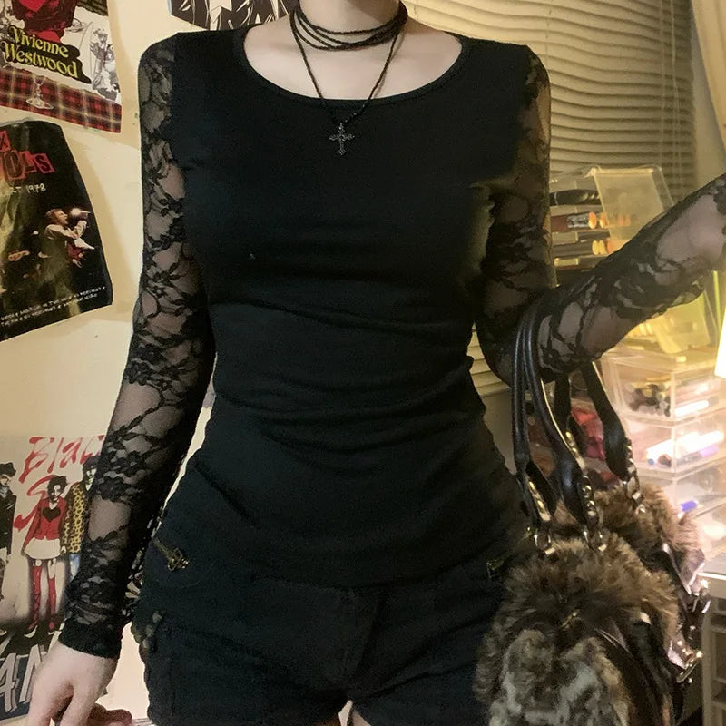 Goth Dark Mall Goth Solid Lace Patchwork Long Sleeve T-shirts Cyber Y2K O-neck Sheer Back Slim Tops Women Techwear Basic T-shirt