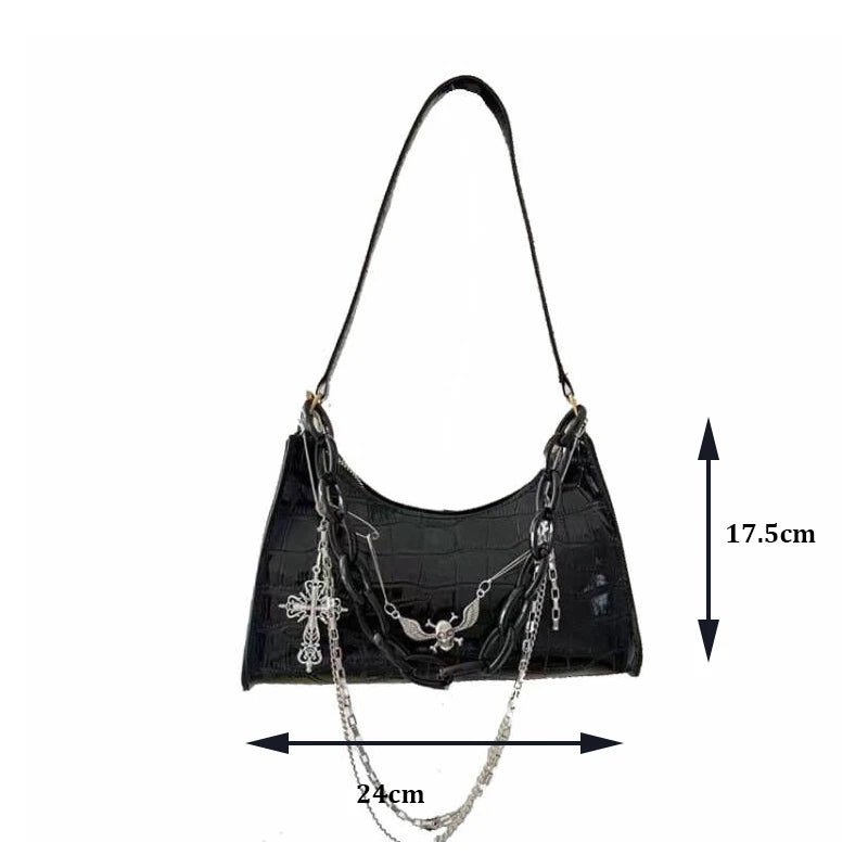 Gothic Dark Punk Underarm Bag With Skull Shoulder Bag Y2k Chain Crocodile Pattern Crossbody Bag Korean Popular Aesthetic Bags