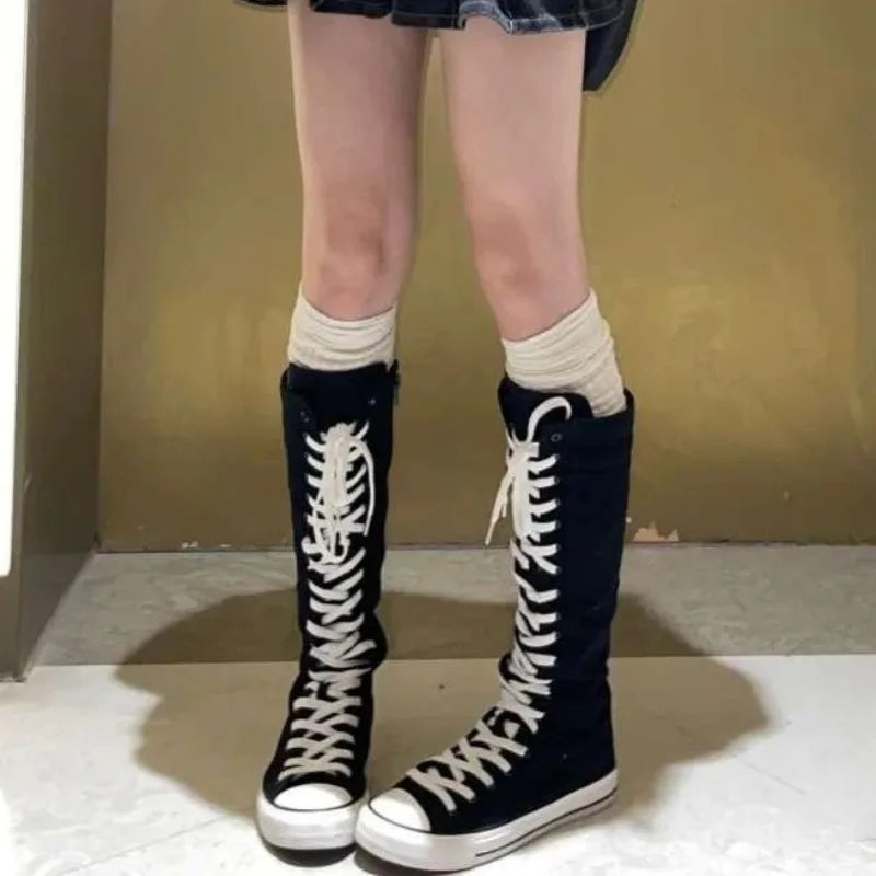 2025 New High Top Canvas Shoes for Women's Korean Edition Long Boot Lace-Up Zipper Comfortable Boot Zapatos De Mujer Tendencia