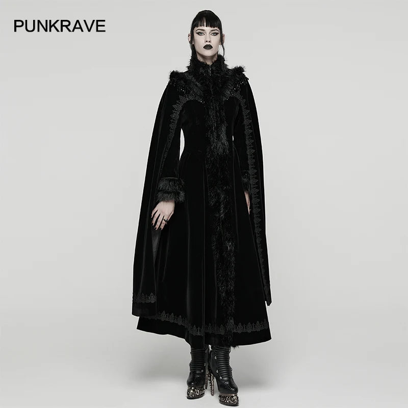 PUNK RAVE Women's Gothic Gorgeous Splendor Weft Velveteen Tassel Cloak Coat Mysterious Elegant Adjustable Drawstring Long Cape