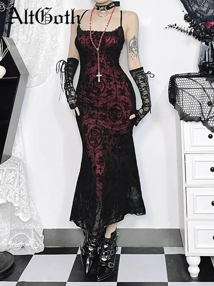 AltGoth Vintage Elegant Red and Black Lace Goth Dress Coven Couture Collective