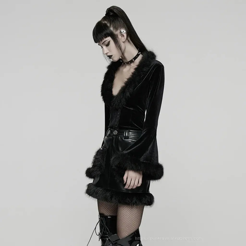 PUNK RAVE Women's Gothic Sunny Velvet Furry V-neck Cardigan Split Flared Sleeves Elegant Charm Women Sexy Dark Tops Shirts Coven Couture Collective