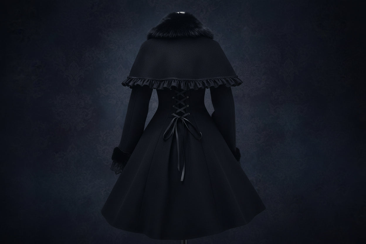 Gothic Lolita Coat Women's Winter Long Cosplay Coat with Flare Fur Cuff Sleeves and Cape Jacket Custom Tailored