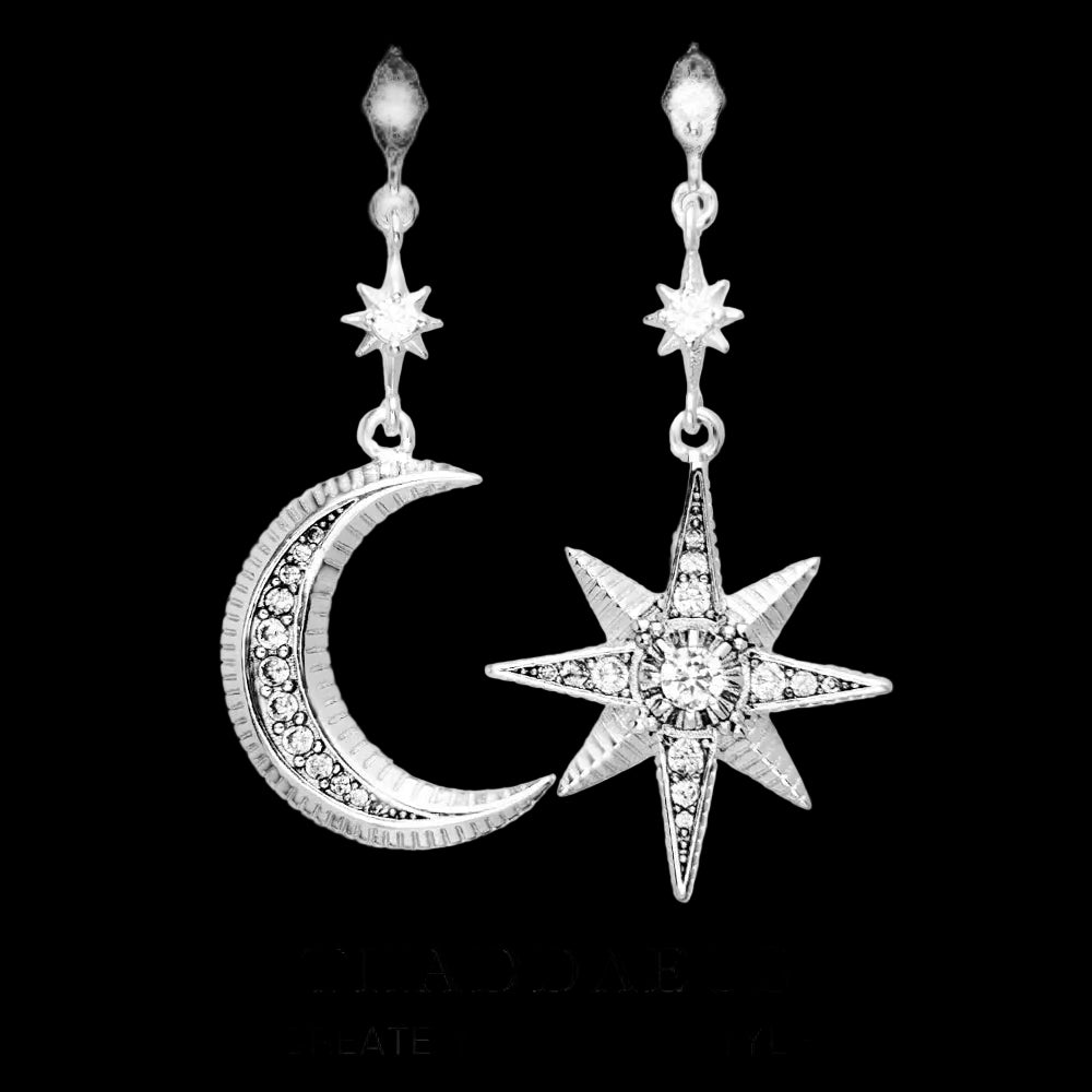 Women's Vintage Sterling Silver 925 Star & Moon Drop Earrings New Zircon