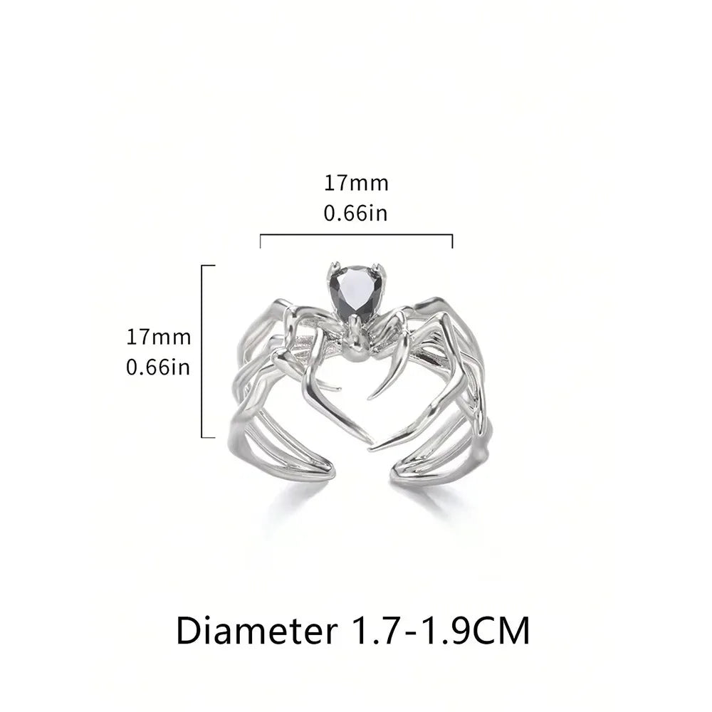 Punk Spider Rings for Women Silver Color Dark Retro Black Gem Spider Ring Hip-Hop Halloween Jewelry Accessories