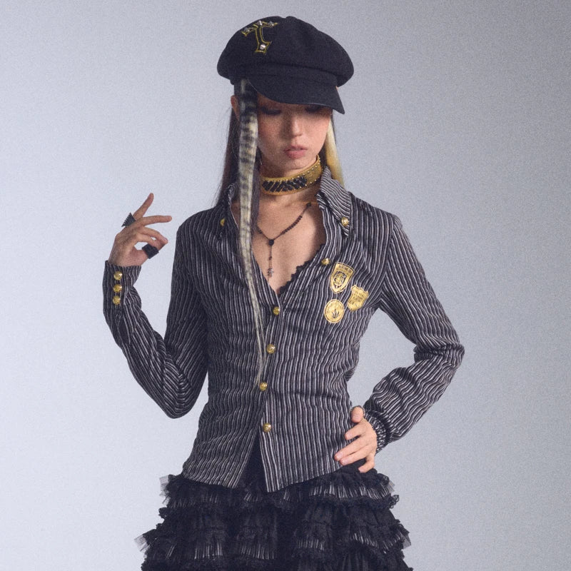 Karrcat Grunge Aesthetics Gold Foil Print Shirt Vintage Y2k V-neck Striped Shirt Trashy 2000s Style Slim Blouses Harajuku Retro