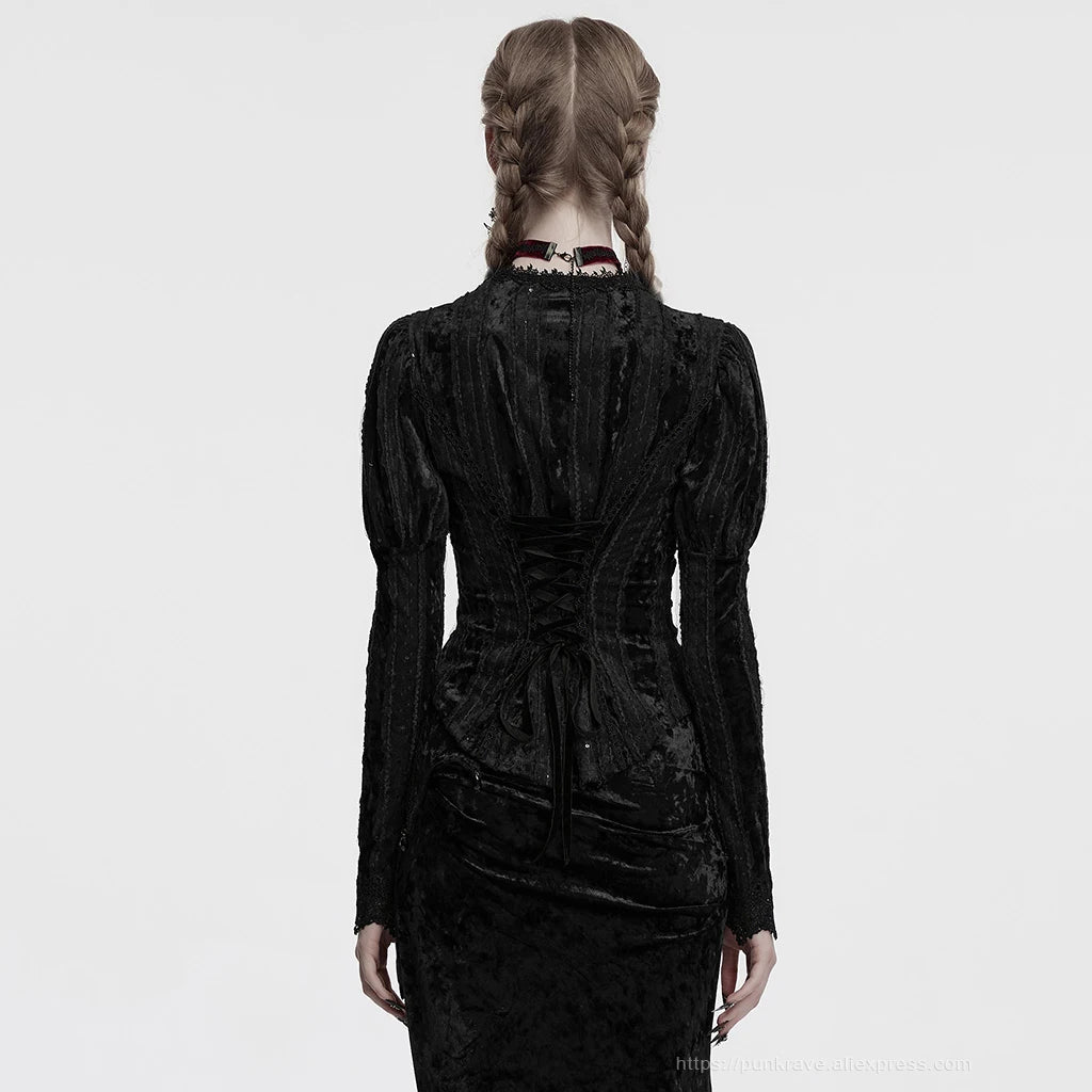 PUNK RAVE Women's Lace Embroidered Velvet Classic Gigot Sleeves Shirt  Retro Layering Adjustable Rope Sexy Slim Tops Coven Couture Collective