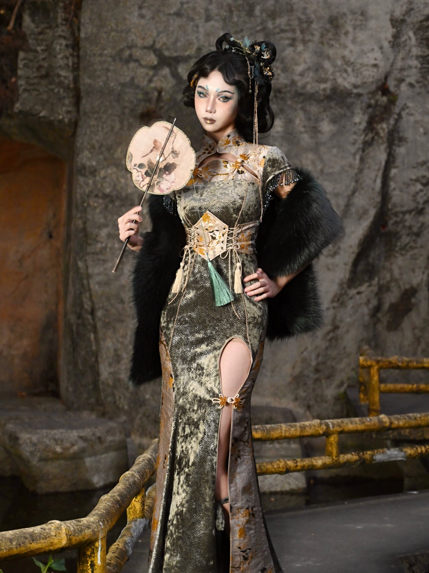 Blood Supply Original New Chinese Cheongsam Slim Dress Tie Tassel Jacquard Tunic Waist Sheath Long Trumpet Dresses Festival