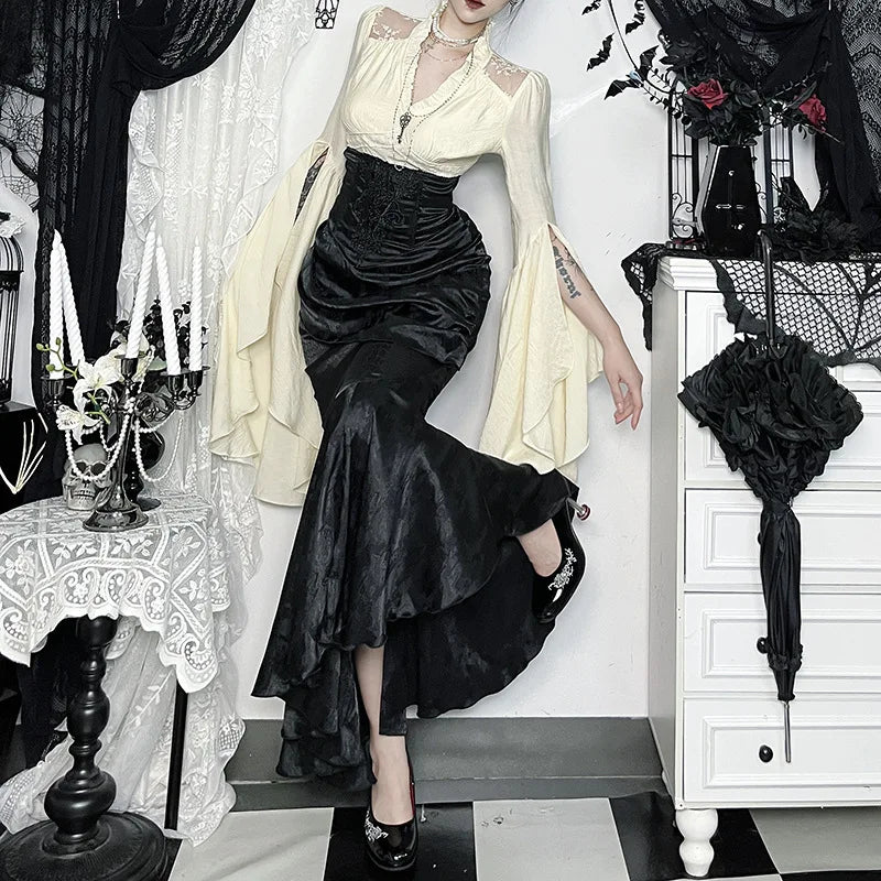 AltGoth Subculture Vintage Gothic Skirt Women Dark Palace Style Y2k E-girl Streetwear Embroidery High Waist Fishtail Skirt Femme