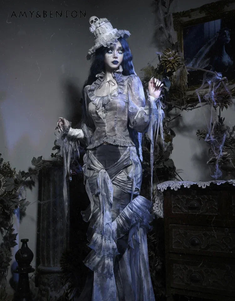 Blood Supply Original Design Goth Chiffon Tie-dye Old Lantern Sleeve Shirt Sexy Fishtail Skirt Two Piece Sets Womens Outifits