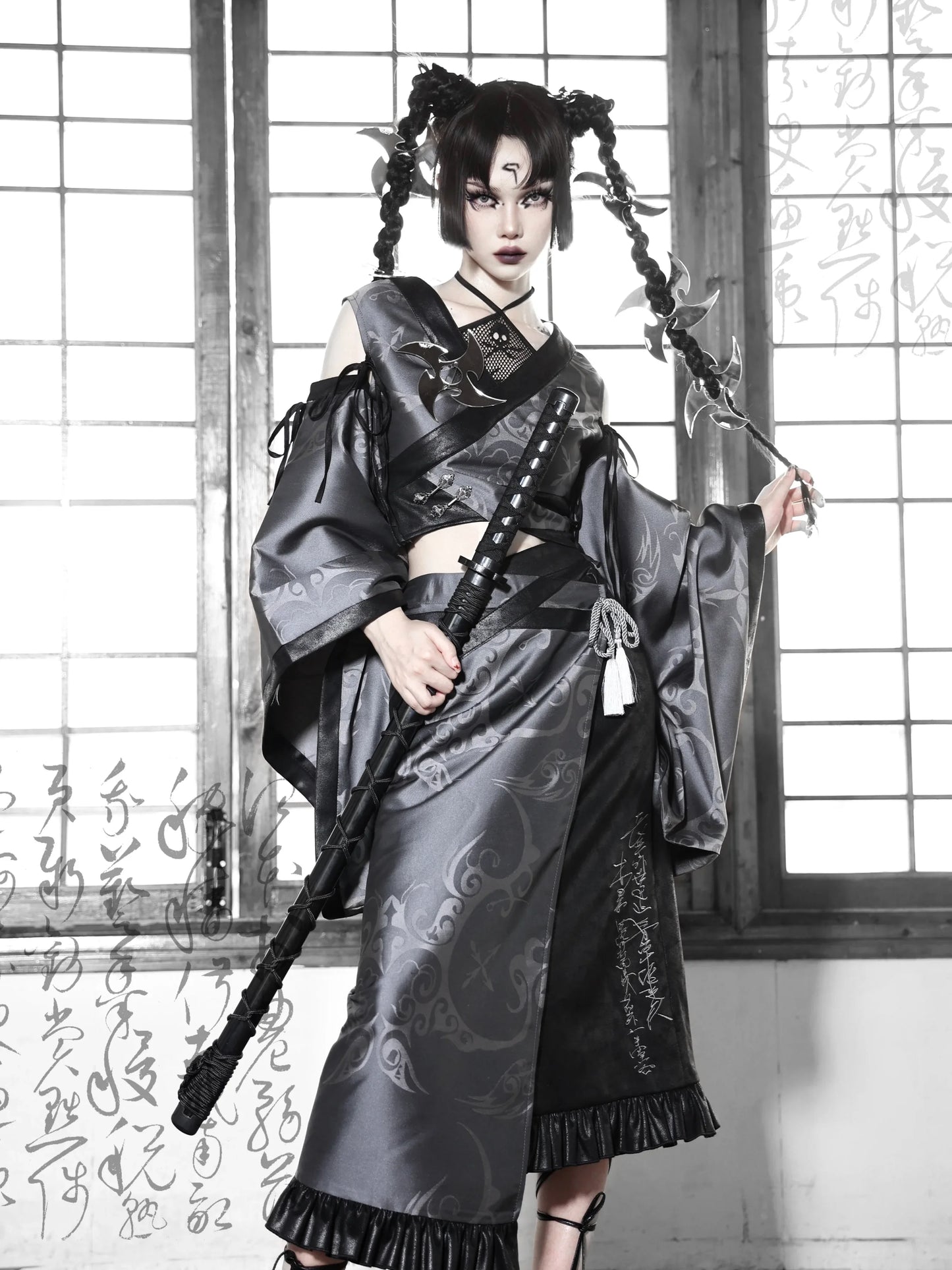 Blood Supply Original Kimono Design Japanese Furisode Sleeve Hollow Out Top Jacquard Dark Goth Suede Halloween Mesh Top Blouse