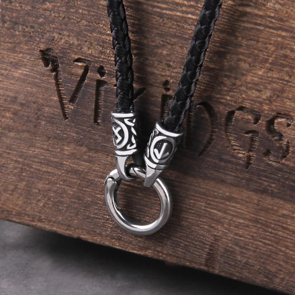 Nordic Viking Rune Pendant Necklace with Open round Clasp Stainless Steel Chain for Men Wood Box Included