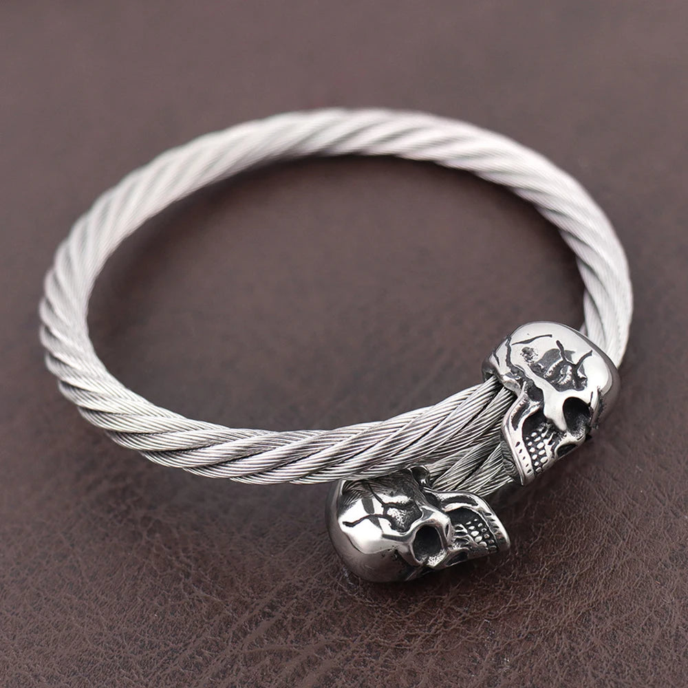 High Quality Stainless Steel Double Skull Bracelet Vintage Men Accessories Skeleton Bangle Fashion Charm Biker Jewelry Wholesale
