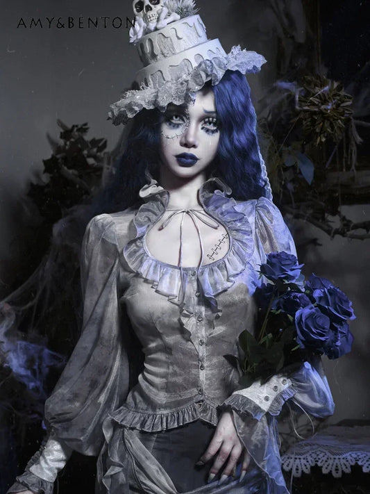 Blood Supply Original Design Goth Chiffon Tie-dye Old Lantern Sleeve Shirt Sexy Fishtail Skirt Two Piece Sets Womens Outifits