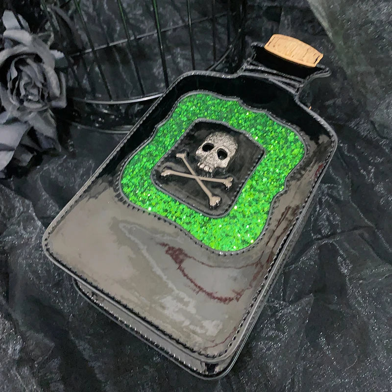 Gothic Kitsch Poison Bottle Shaped Handbag and Purse for Women Dark Lolita Skull Decoration Punk Goth Style Girls Shoulder Bags