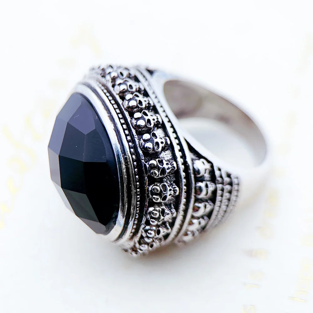 Black Oval CZ Skull Skeleton Ring 925 Sterling Silver Unisex Fashion