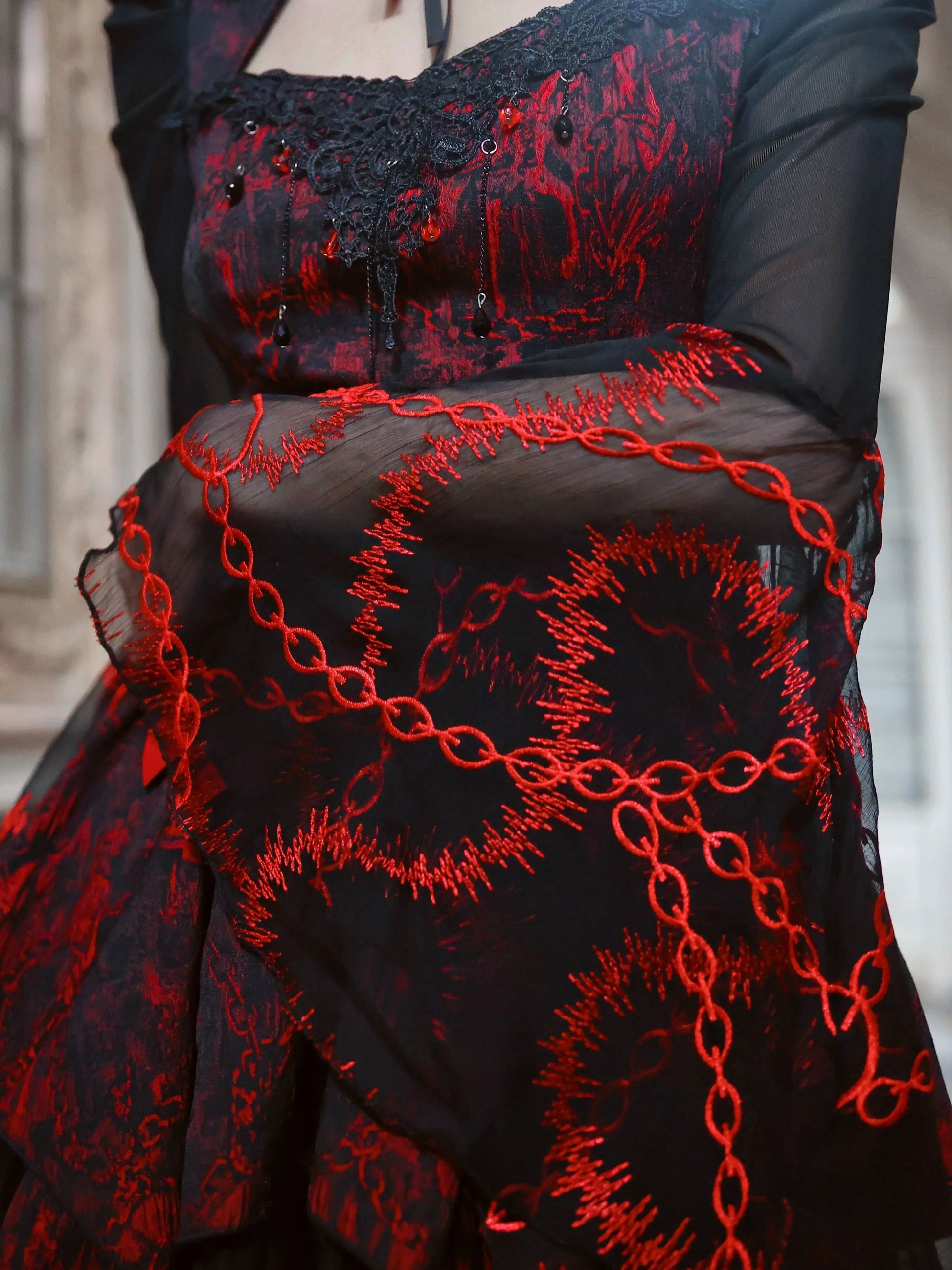 Blood Supply Original Gothic Red Black Rose Embroid Lace Long Flying Sleeve Blouse Hollow Out Halloween Mesh Punk Blusa Summer Coven Couture Collective