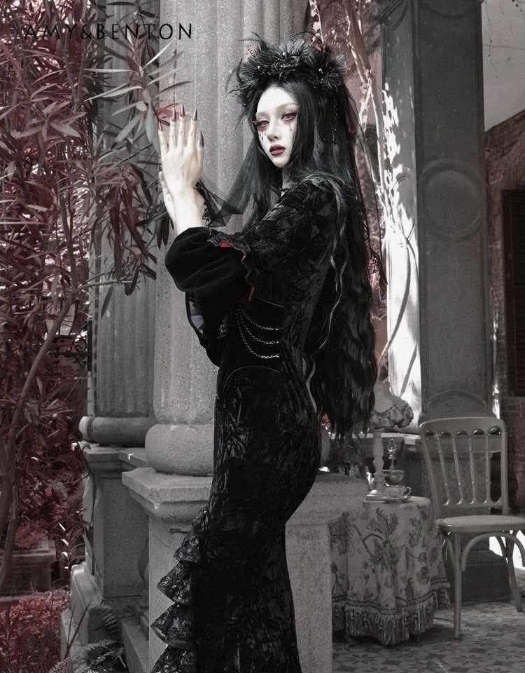 Blood Supply Original Retro Palace Style Goth Velvet Tube Top Dress Mermaid Dress Halloween Winter Subculture Sexy Hot Girl Sets