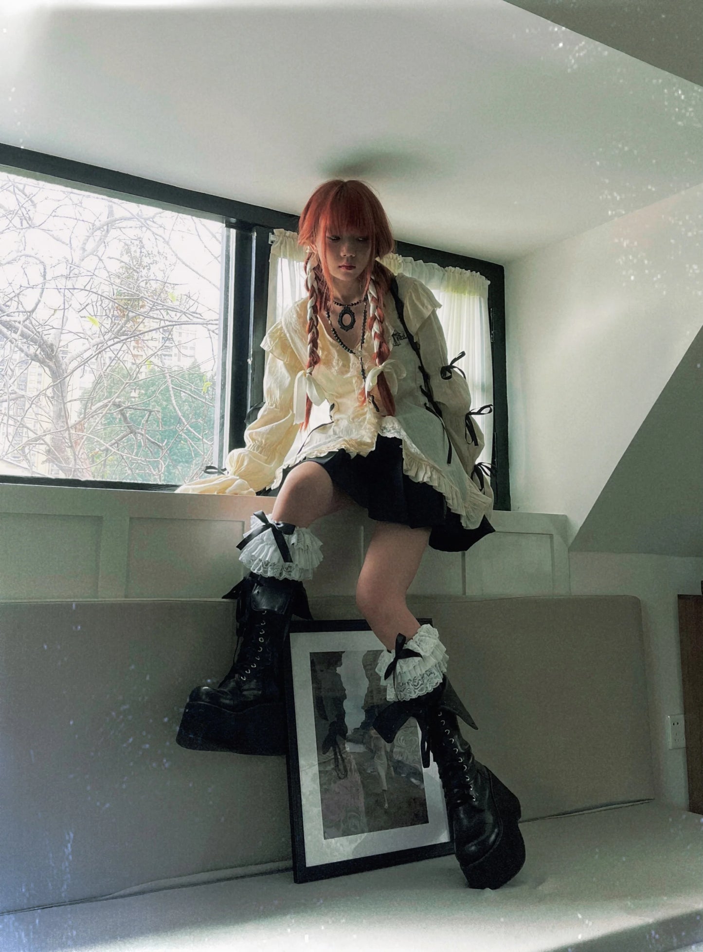 Karrram Y2k Aesthetics Lace Shirt Grunge Gothic Irregular Blouses Fairy Harajuku Bandage Shirt Vintage Lolita Clothes Mall Goth