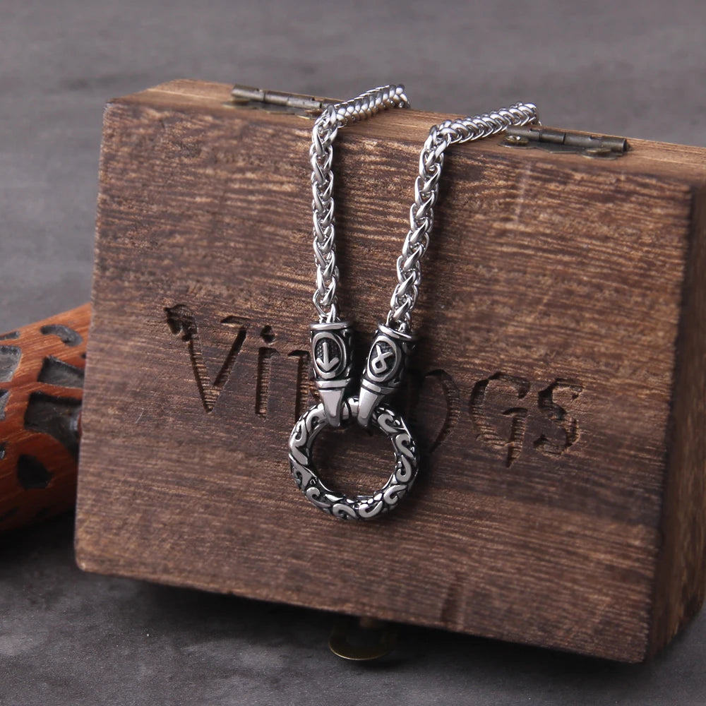 Nordic Viking Rune Pendant Necklace with Open round Clasp Stainless Steel Chain for Men Wood Box Included