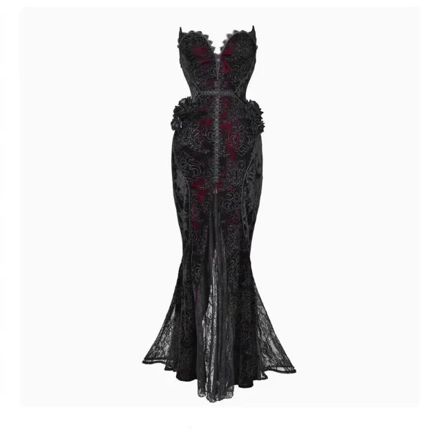 Blood Supply Original Design Vampire Black Red Dress Lace Patch Gothic Velvet Trumpet Sleeveless Sexy X-Long Dress Halloween