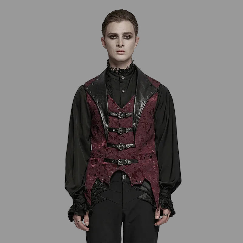 PUNK RAVE Men's Gothic Gorgeous Nobility Jacquard Lapel Textured Leather Vest Bat Shaped Hem Power Sense Waistcoat Coven Couture Collective