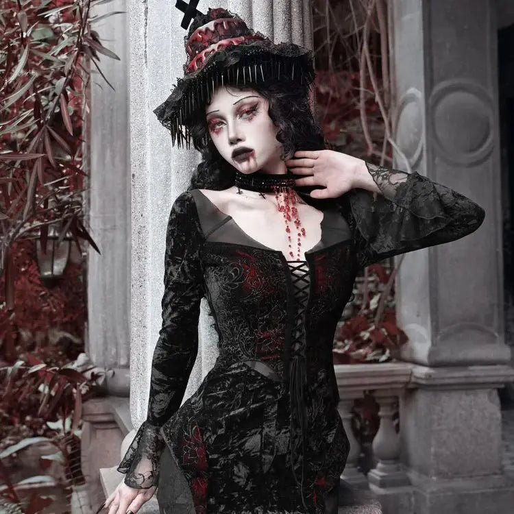 Blood Supply Original Design Vampire Black Red Dress Lace Patch Gothic Velvet Trumpet Long Sleeve X-Long Dress Halloween