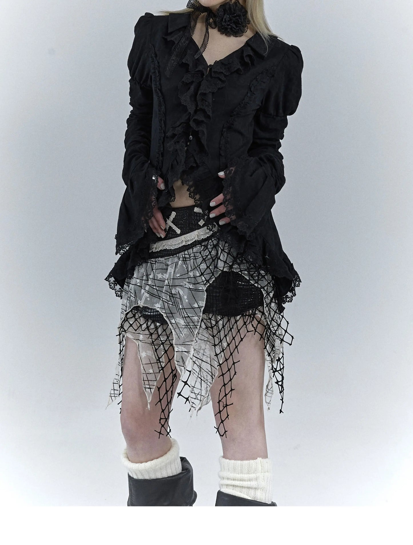 Karrcat Gothic Black Lace Shirt Dark Aesthetic Irregular Blouses Yamamoto Style Grunge Flare Sleeve V-neck Shirt Vintage Y2k Emo