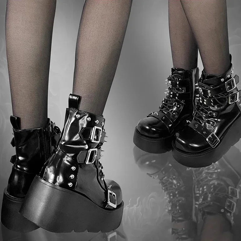 Punk Chunky Platform Ankle Boots Women Spring Autumn Patent Leather Black Boots Woman Metal Buckle Lolita Gothic Shoes Mujer