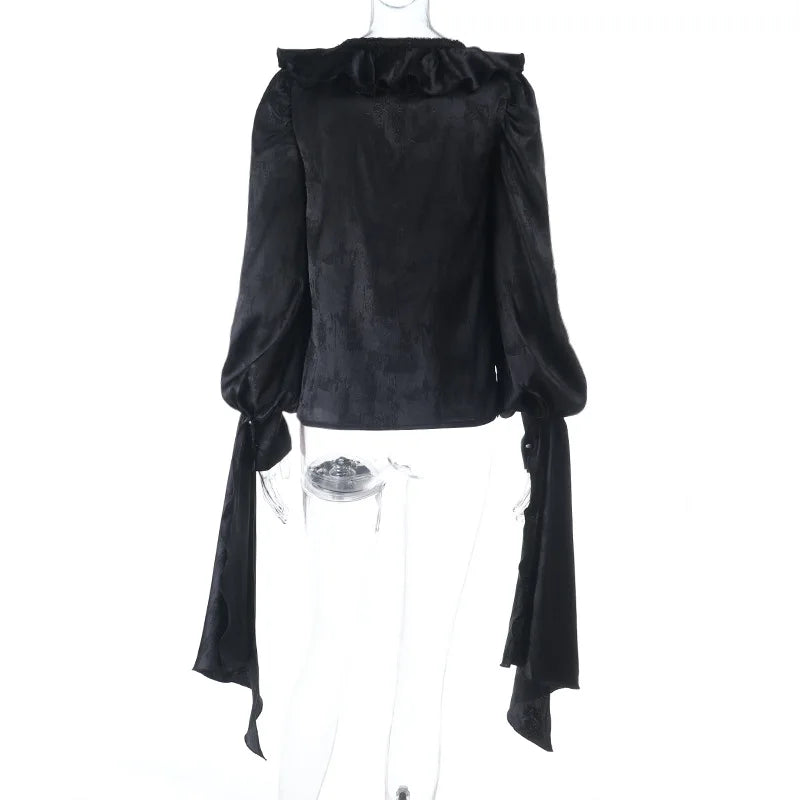 AltGoth Vintage Gothic Black Shirts Women Palace Style Streetwear Y2k E-girl Harajuku V-neck Ruffle Long Sleeve Bluose Cosplay