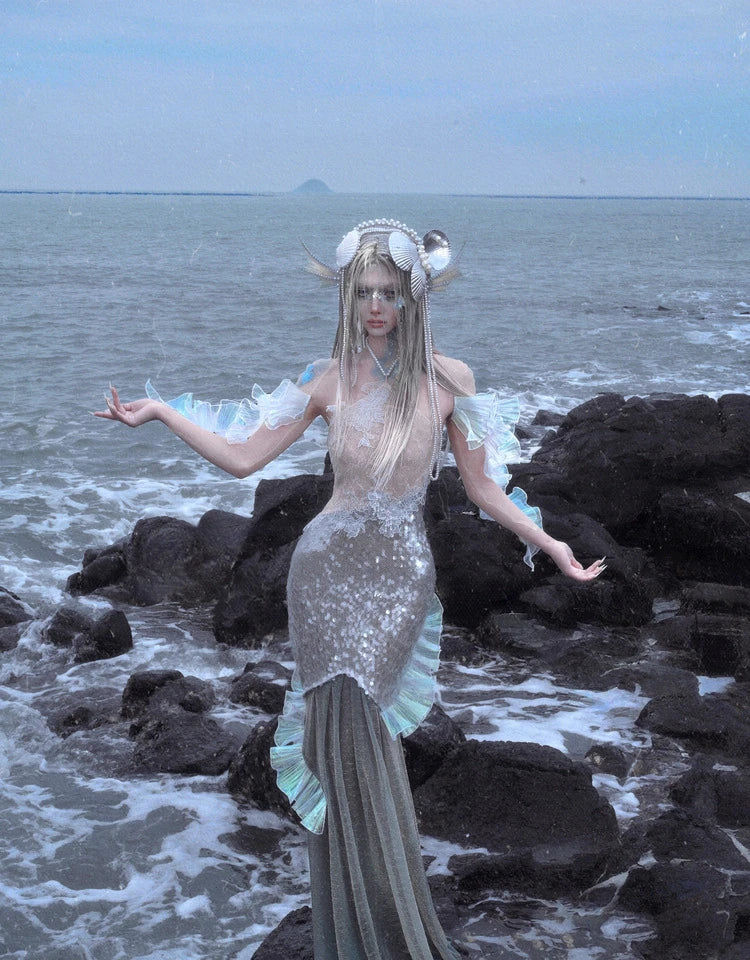 Blood Supply Original Design Siren Mermaid Beach Vocatio Sequins Beading Shiny Vestido Party Trumpet Long Slim Halter Dress