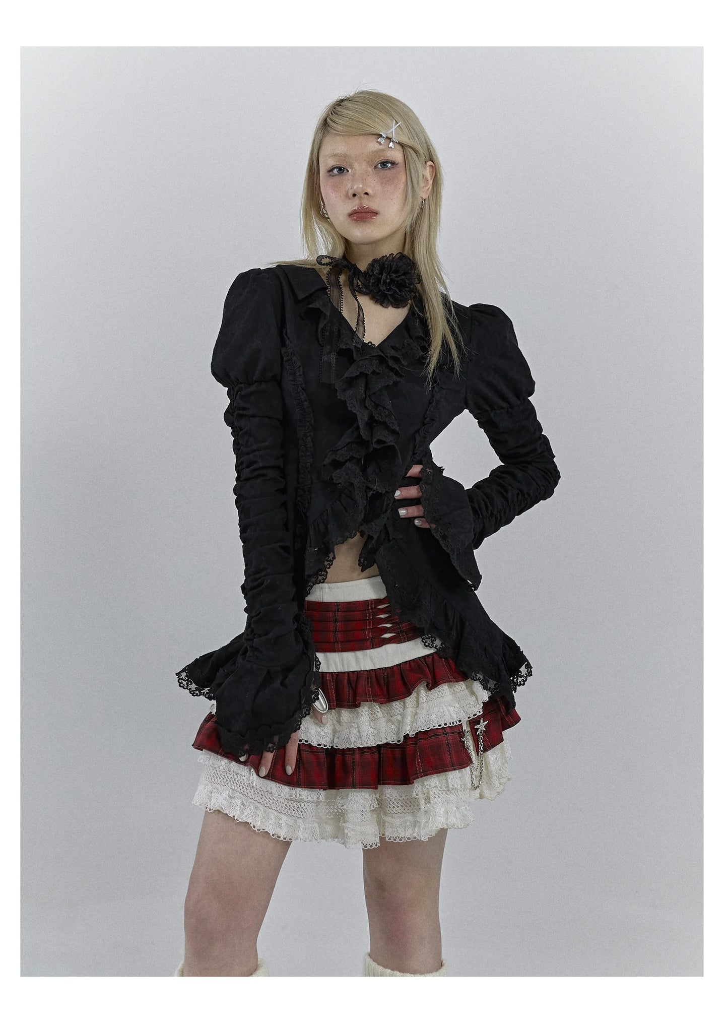 Karrcat Gothic Black Lace Shirt Dark Aesthetic Irregular Blouses Yamamoto Style Grunge Flare Sleeve V-neck Shirt Vintage Y2k Emo