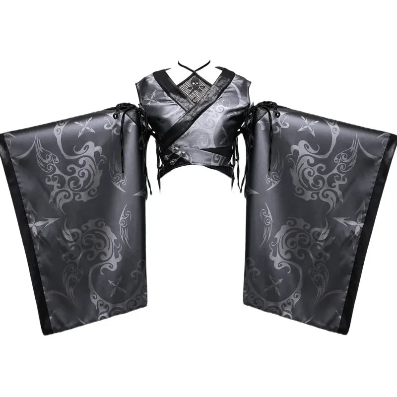 Blood Supply Original Kimono Design Japanese Furisode Sleeve Hollow Out Top Jacquard Dark Goth Suede Halloween Mesh Top Blouse