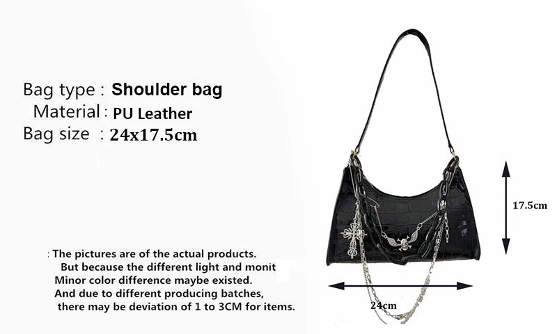 Gothic Dark Punk Underarm Bag With Skull Shoulder Bag Y2k Chain Crocodile Pattern Crossbody Bag Korean Popular Aesthetic Bags