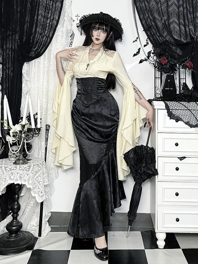 AltGoth Subculture Vintage Gothic Skirt Women Dark Palace Style Y2k E-girl Streetwear Embroidery High Waist Fishtail Skirt Femme
