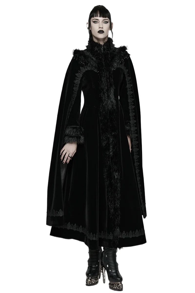 PUNK RAVE Women's Gothic Gorgeous Splendor Weft Velveteen Tassel Cloak Coat Mysterious Elegant Adjustable Drawstring Long Cape