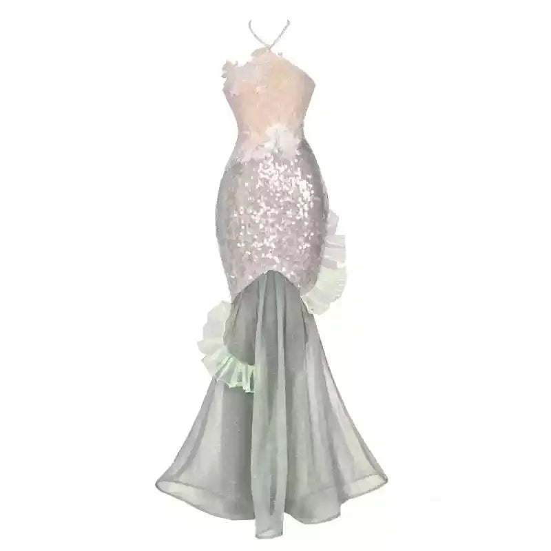 Blood Supply Original Design Siren Mermaid Beach Vocatio Sequins Beading Shiny Vestido Party Trumpet Long Slim Halter Dress