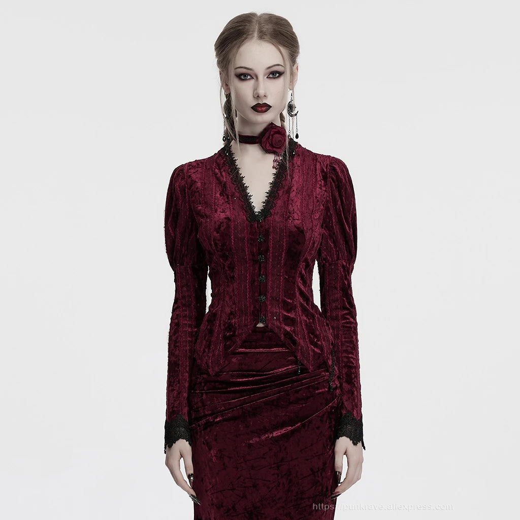 PUNK RAVE Women's Lace Embroidered Velvet Classic Gigot Sleeves Shirt  Retro Layering Adjustable Rope Sexy Slim Tops Coven Couture Collective