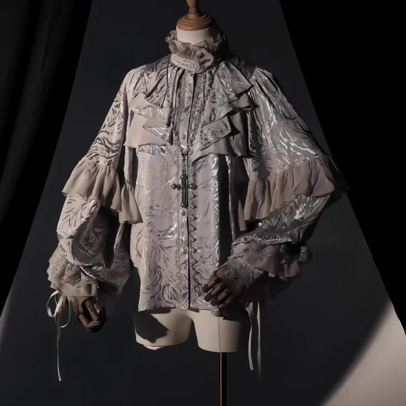 Lolita Gothic Dark Academia Clothes Loose Long Sleeve Shirt Women Stand Collar Ruffles Patchwork Blusas De Mujer