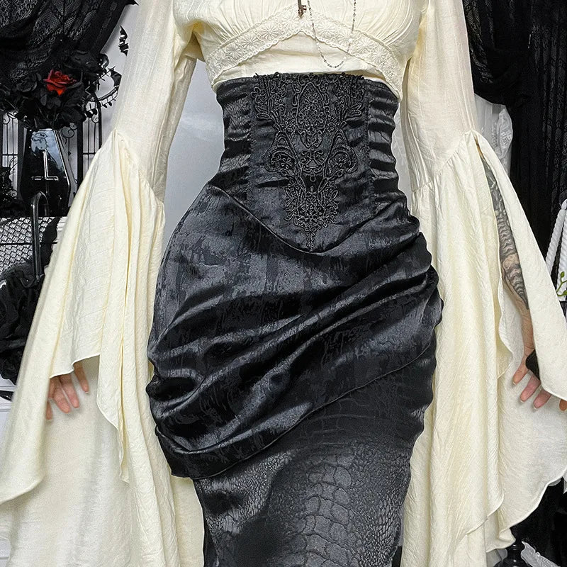 AltGoth Subculture Vintage Gothic Skirt Women Dark Palace Style Y2k E-girl Streetwear Embroidery High Waist Fishtail Skirt Femme